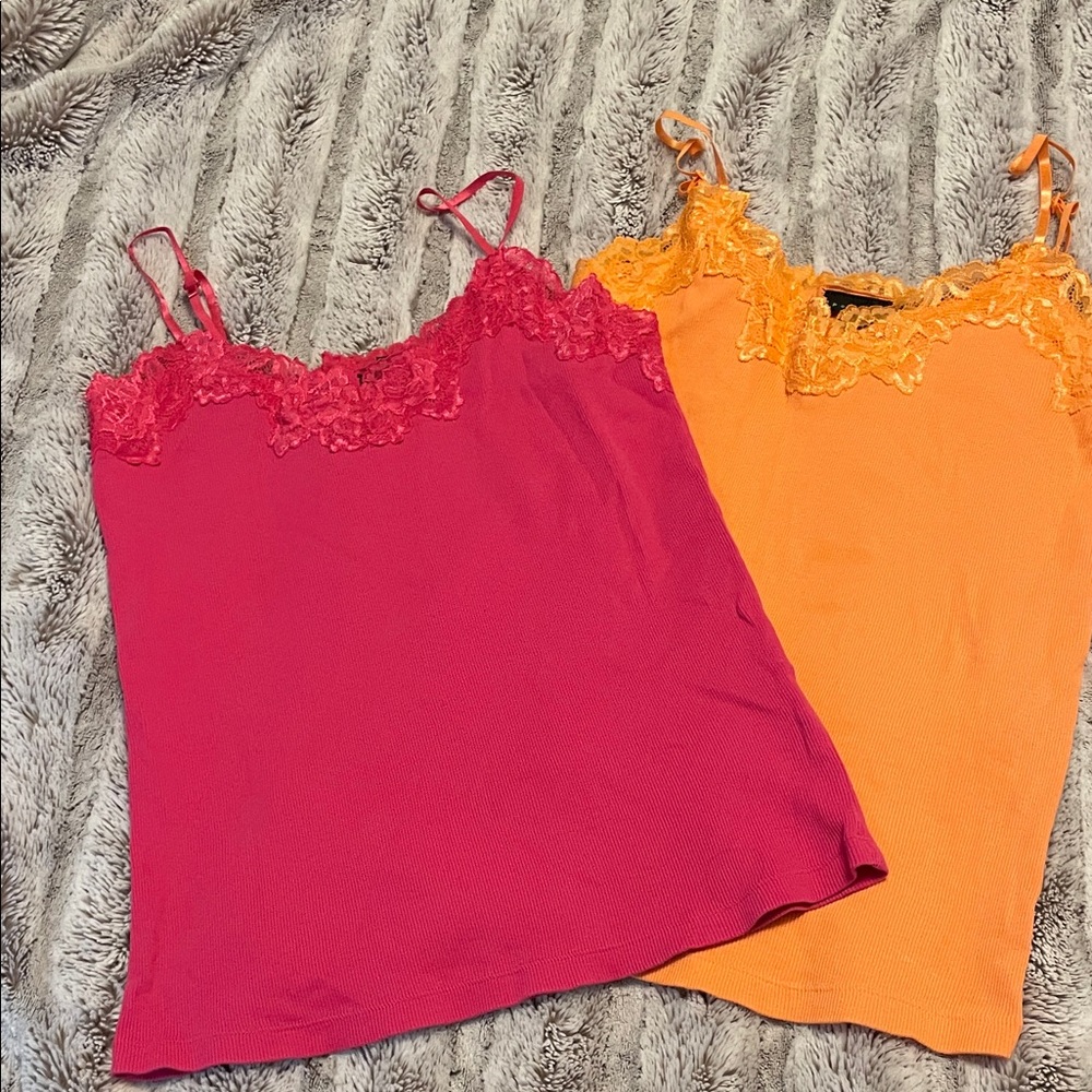 Apostrophe Lace Trim Camisoles - Fuchsia and Tangerine y2k early 2000s